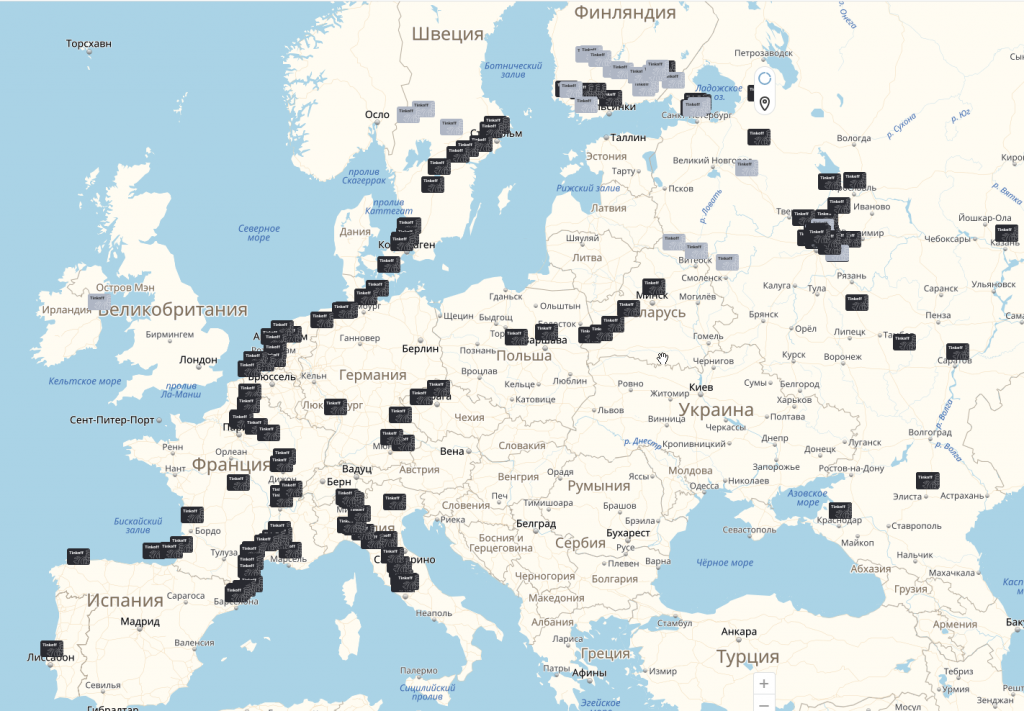 Мои операции по карте Тинькофф на карте Европы